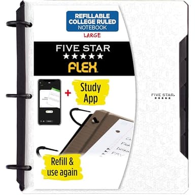 Five Star Flex Refillable Notebook + Study App, College Ruled Paper and 1 Inch TechLock Ring Binder with Pockets, Tabs and Dividers, 200 Sheet Capacity, White (29328AE2)