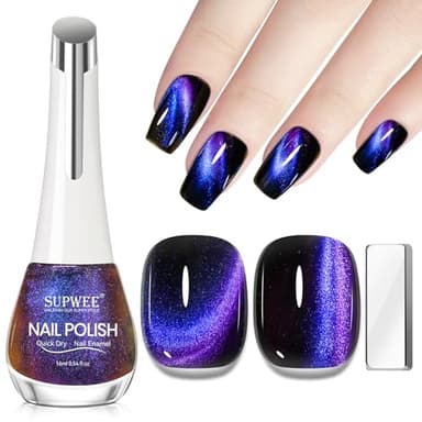 SUPWEE 9D Magnetic Nail Polish Non Gel, Cat Eye Nail Polish with Magnet Quick Dry Holorgraphic Fingernail Lacquer Air Fast Drying Cateye Galaxy Manicure For Women Girls 16ml/0.54 oz(Blue to Purple)