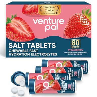 Venture Pal Chewable Electrolyte Tablets, 80 Count Fast-Dissolve Sugar-Free Stick Salt Tablets,Gluten Free – Variety Pack for Rapid Hydration, Outdoor Running, Hiking | Keto & Vegan Friendly | 4 Pack