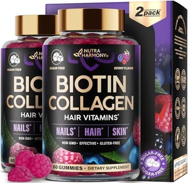 Biotin Gummies with Collagen - Hair Growth Support Skin, & Nail Strength - for Women & Men - Biotin 10000mcg | Keratin | Hyaluronic Acid | B-Complex | Saw Palmetto - Sugar-Free, Mixed Berry, Pack of 2