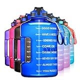 SLUXKE Gallon Water Bottle Jug with Time Marker BPA Free, 128oz Big Water Bottle with Handle and Straw Leak Proof, One Click Open Huge Sports Water Bottle Blue