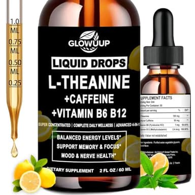 L-Theanine Supplement with Caffeine, Organic Liquid Caffeine 50mg w. L-Theanine 100mg, Vitamin B12 B6 for Focused Energy, Alertness & Recess Mood, Nootropic Brain Drops for Women & Men丨30 Days Supply
