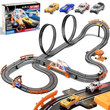SUFICY Slot Car Race Track Set for Kids – 29ft Electric Race Car Track with 4 Slot Cars, Dual Racing Tracks, Lap Counter & LED Overpass, Car Track Toy Gift for Boys Ages 6–12