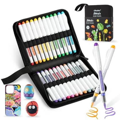Ohuhu Acrylic Paint Markers Brush Tip Automatic Ink Control Acrylic Markers High Opacity Paint Pens for Rock Painting 3D Prints Easter Eggs Wood DIY Crafts (24 Pack Brush)