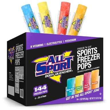 All Sport Freezer Pops, Giant Sized 3oz, 144 CT, Refreshing Ice Pops with Electrolytes, B Vitamins & Potassium –Blue Raz Ice, Lemon Lime, Fruit Punch & Orange