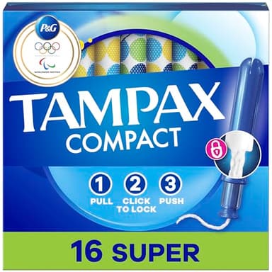 Tampax Compact Pearl Tampons, with LeakGuard Braid & Extendable Applicator, Super Absorbency, Compact Extendable Applicator, Unscented, 16 Count (Packaging May Vary)