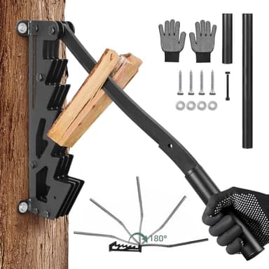 XCZNAGS Wall Mounted Wood Splitter: Dual-Handle Manual Kindling Splitter with 6-Tooth Clamping, Heavy Duty Steel Log Splitter for Soft Firewood, Includes Gloves and Screws for Indoor and Outdoor Use