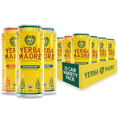 Yerba Madre Organic Yerba Mate, Energy Drink Alternative, Full-Sugar Variety Pack, 150mg Plant Based Caffeine, Smooth Energy & Focus, No Jitters or Crash, 15.5oz Cans (Pack of 12)
