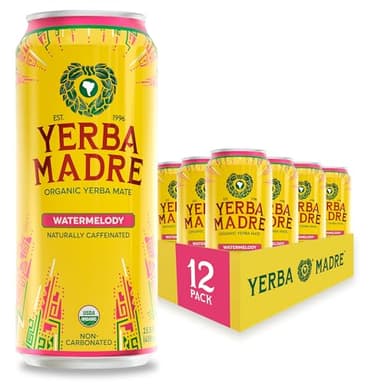 Yerba Madre Organic Yerba Mate, Energy Drink Alternative, Watermelody, 150mg Plant Based Caffeine, Smooth Energy & Focus, No Jitters or Crash, 15.5 Oz Cans (Pack of 12)