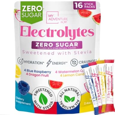 My Adventure to Fit Electrolytes Powder Packets – 16 Sugar-Free Hydration Packets, Potassium Supplement, Watermelon Candy, Blue Raspberry, Banana Cream, Sour Blue Candy – Zero Sugar, Keto Electrolytes