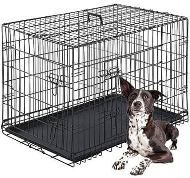 FDW Dog Crate for Large Dogs 42 Inch Folding Metal WirePet Cage Double Door W/Divider Panel Indoor Outdoor Kennel Leak-Proof Plastic Tray,Black