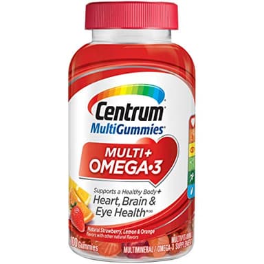 Centrum MultiGummies Multi + Omega-3 Natural Strawberry, Lemon, Orange Flavors Multivitamin/Multimineral Supplement Gummy, 100 Count