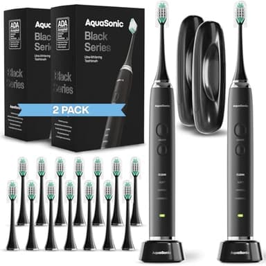 Aquasonic Black Series Ultra Whitening Toothbrush – ADA Accepted Electric Toothbrush- 8 Brush Heads & Travel Case – 40,000 VPM Electric Motor & Wireless Charging - 4 Modes w Smart Timer (Pack of 2)