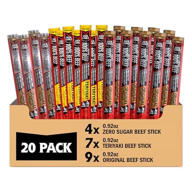 Jack Link's Beef Sticks Variety Pack - Original, Teriyaki & Zero Sugar - Made with 100% Real Beef - Ready to Eat Real Meat Protein Snacks - 5g Protein per Serving - (20 Pack) 0.92 oz Meat Sticks
