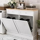AHB Double Tilt Out Trash Cabinet Kitchen Trash Bin Cabinet 2x13 Gallons Free Standing Recycling Trash Can Cabinet with Hideaway Drawers Pet Proof Trash Can Holder for Kitchen Living Room, White