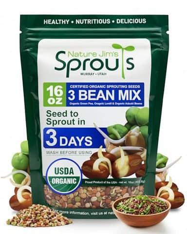 Nature Jim's Sprouts 3-Bean Seed Mix - Organic Green Peas, Lentils & Adzuki Beans for Planting - Non-GMO Microgreen Sprout Seeds, Fast Sprouting, High in Fiber, Protein, Nutrients & Vitamins - 16 Oz