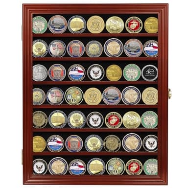 Military Challenge Coin Display Case Wall Mount Cabinet Poker Chips Holder Display Case Stand Rack Mahogany Finish Frame Pro 98% UV Protection