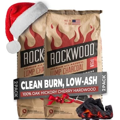 Rockwood Premium Hardwood Lump Charcoal – Oak, Hickory & Cherry Blend for Restaurant Quality Barbecue Smoking & Grilling – Smoky Flavor BBQ, Clean Burning for Kettle & Kamado Grills – 20lbs (2 Packs)
