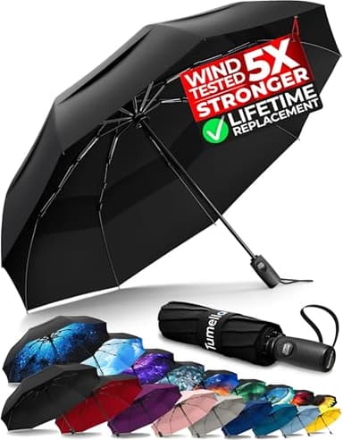 TUMELLA Strongest Windproof Travel Umbrella (Compact, Superior & Beautiful), Small, Wind-Tested, Light & Portable, Automatic Folding Rain Umbrella, Durable, Premium Grip, Fits Car & Backpack