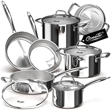 Ciwete 11-Piece Tri-Ply Stainless Steel Pots and Pans Set, 18/10 Stainless Steel Cookware Set with Steamer Insert, Induction Kitchen Cookware Sets with Cool Ergonomic Handles, Dishwasher, Oven Safe