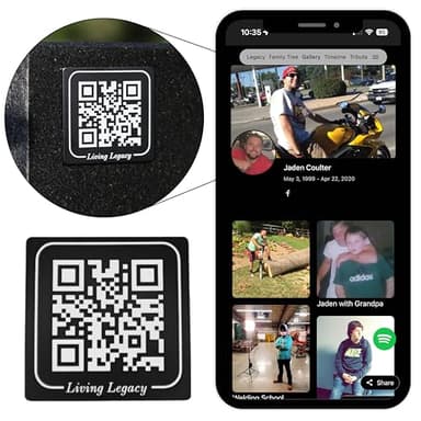 Living Legacy QR Code Memorial Plaque - Laser Etched Medallions QR Code for Headstones, Gravestones - Personalized Memorial Tribute Webpage, Photos, Videos, Family Tree - 2x2 inch