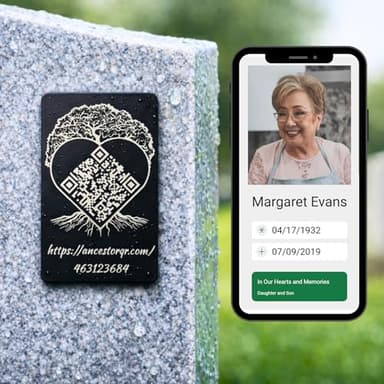 AncestorQR QR Code Headstone Plaque, Memorial Page, Made in Germany, No Monthly Fee, 30-Year Guaranteed Access, Password Protected, Weatherproof, 3.4x2 in
