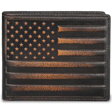 DK86 Mens Wallet USA Flag Bifold Wallet for Men RFID Blocking Full Grain Leather With Hand Burnished Extra Capacity Multiple Card Slots with 2 ID Windows