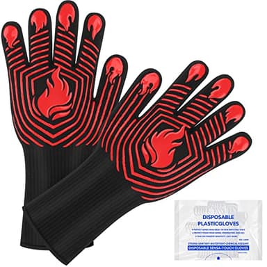 BBQ Gloves, 1472°F Heat Resistant Gloves Fireproof Mitts, Grilling Gloves Silicone Non-Slip Washable Oven Glove, Kitchen Glove for Barbecue, Grilling, Cooking, Baking, Camping, Smoker (Red)