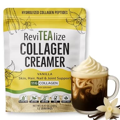 ReviTEAlize Collagen Creamer for Coffee - Grass Fed Collagen Peptides Powder with MCT Oil for Hair, Skin, Nails & Joint Support | Gluten Free, Dairy Free, Sugar Free & Keto Friendly | 11g of Protein Per Serving | Vanilla