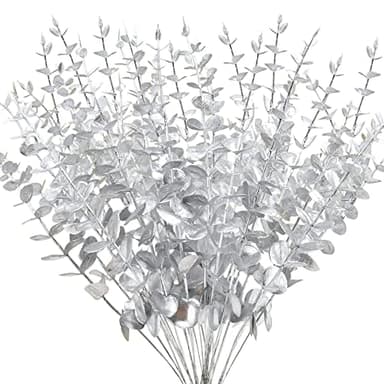 FEQO 36 Pcs Silver Eucalyptus Stems Artificial Leaves Faux Eucalyptus Stems Branches 15 inch for Wedding Bouquet Home Decor