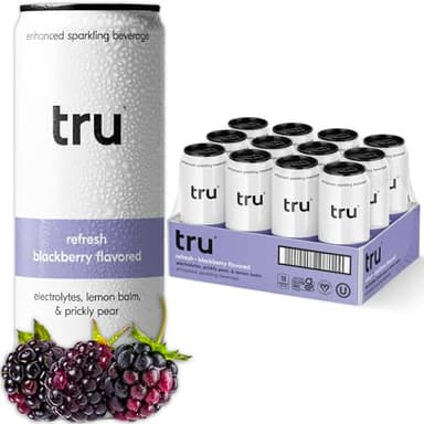 Tru Refresh Seltzer, Sparkling Water with Electrolytes, Prickly Pear, Lemon Balm & Real Blackberry Juice, Sweetened with Monk Fruit & Stevia, Gluten Free, Vegan, Caffeine Free, 12 FL OZ Cans, 12 Pack