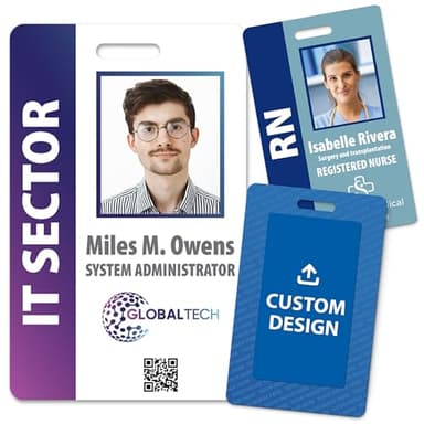 Custom Print Employee ID Badge with Vertical Side Text, Double Sided Print with Name, Photo, Logo, and Barcode – Unique Photo ID Card Solution (ID Vertical)