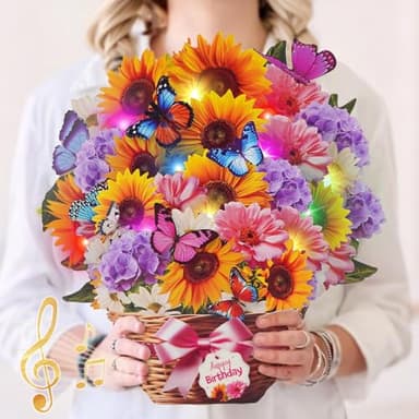 MZD8391 Birthday Cards with MUSIC & LIGHTS, Pop Up Happy Birthday Card, Sunflower & Butterfly, 10 Inch Life Sized Forever Flower Bouquet Gifts for Women Mom Grandma