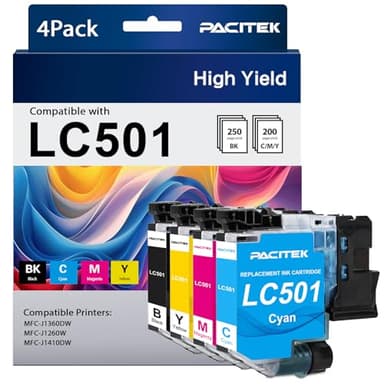 PACITEK LC501 Ink Cartridges Replacement for Brother LC501 XL Ink Cartridges High Yield MFC-J1360DW Ink Cartridge for Brother Work Smart MFC-J1360DW MFC-J1260DW MFC-J1410DW Printer (4 Pack, BCMY)