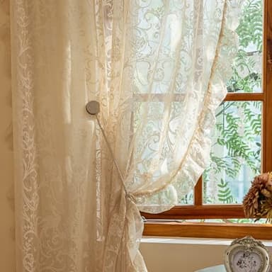 TUDECO Beige Lace Curtains 84 Inches Long - Vintage Ruffle Sheer Curtains for Living Room, Farmhouse Flowy Flower Rod Pocket Fluffy Aesthetic Art Decor 1 Pair, 59 x 84 Inch, Natural Beige