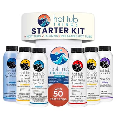 Hot Tub Things - Chlorine Starter Kit - Hot Tub Chemicals Kit for Spa & Jacuzzi Maintenance, Pool Shock, Chlorine Granules, Test Strips, Alkalinity Up & Down, Clarifier, Metal Out, Oxidizer - 1 lb