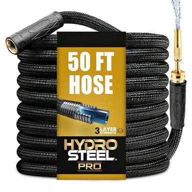 Hydrosteel PRO 50 Ft Heavy Duty Metal Garden Hose with Nozzle, Water Hose Made from 304 Stainless Steel, Flexible, Lightweight, Brass Crush Resistant Fittings, Kink Free, 5/8” Diameter, 600 PSI
