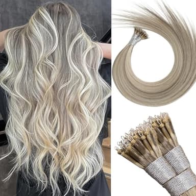 Eliysako Remy-Hair Nano Bead Hair Extensions Human Hair 18Inch 40g/pack Nano Ring Hair Extensions Human Hair Color #P60/16 Grey Brown Mix Blonde Long Straight Invisible for Women