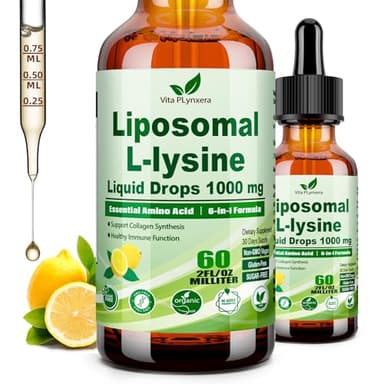 L-Lysine 1000mg Liquid Drops w. Monolaurin Olive Leaf Extract Vitamin C D3 & Zinc, 6-in-1 Essential Amino Acid Supplement for Immune Collagen Lip & Oral Health, Liposomal Lysine for Better Absorption