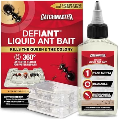 Catchmaster DEFIANT Premium Liquid Ant Killer, 1-Year Supply, Kills the Queen and Colony, No Mess Precision Bottle, Reusable Ant Traps Indoor & Outdoor, Pest Control Traps, Made in USA