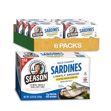 Season Sardines in Extra Virgin Olive Oil - Wild Caught, Lightly Smoked, 21g of Protein, Keto Snacks, More Omega 3's Than Tuna, Kosher, High in Calcium, Canned Sardines - 4.37 Oz Tins, 6-Pack