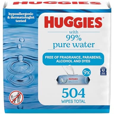 Huggies 99% Pure Water Baby Wipes, Unscented, 9 flip-top packs (3 Packs of 3), 504 Wipes Total, Packaging May Vary