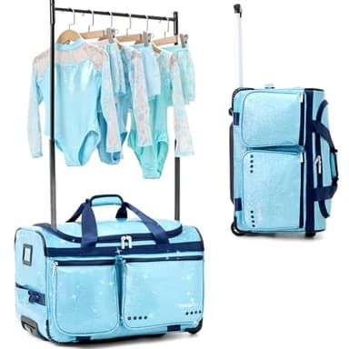 Fanwoli 23" Dance Bag with Garment Rack | Glittering Waterproof Fabric | Shine-Bright Collection | Ideal Competition Rolling Duffle Bag for Dancer Cheerleader Little Princess | Sparkle Blue