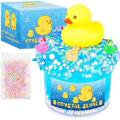 Blue Crystal Slime with Cute Yellow Ducks & Beads – Soft, Non-Sticky Sensory Toy with Foam Beads for Kids & Teens – Stress Relief & DIY Gift for Girls and Boys