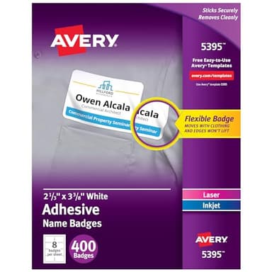 Avery Flexible Printable Name Tags, 2-1/3" x 3-3/8", Matte White, 400 Removable Name Badges for Laser and Inkjet Printers (5395)