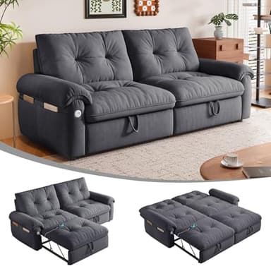 77" Queen Size Sofa Bed, 3-in-1 Convertible Sleeper Sofa Bed with Adjustable Backrest, Modern Velvet Couch with Side Pocket and USB Ports, for Living Rooms, Bedrooms, Small Spaces (Grey, 77.2inch)