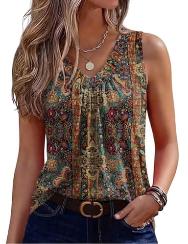 Zeagoo Womens Tank Tops Summer Sleeveless Loose Fit Tops V Neck Pleated Floral Shirts Basic Tees Dressy Casual Trendy Clothes