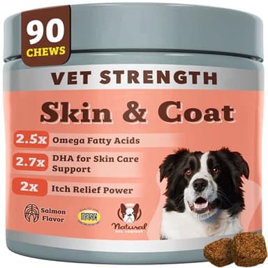 Natural Dog Company Vet Strength Omega Skin & Coat Chews for Dogs – Supports Itchy Skin Relief, Moisture Balance & Coat Hydration, Biotin & Vitamin E, Dry Skin Care, Vet-Recommended, USA Made, 90 Ct