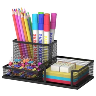 SUPEASY Pen Holder Desk Organizer, Office Supplies Pencil Holder with 3 Compartments, Desk Accessories and Workspace Organizers for Home School, Black