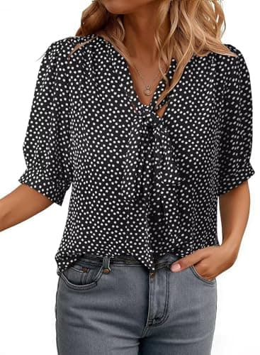 Dokotoo Blouses for Women Dressy Casual Short Sleeve Bow Tie Neck Button Down Shirts Casual Office Work Blouse Tops Black Top XX-Large